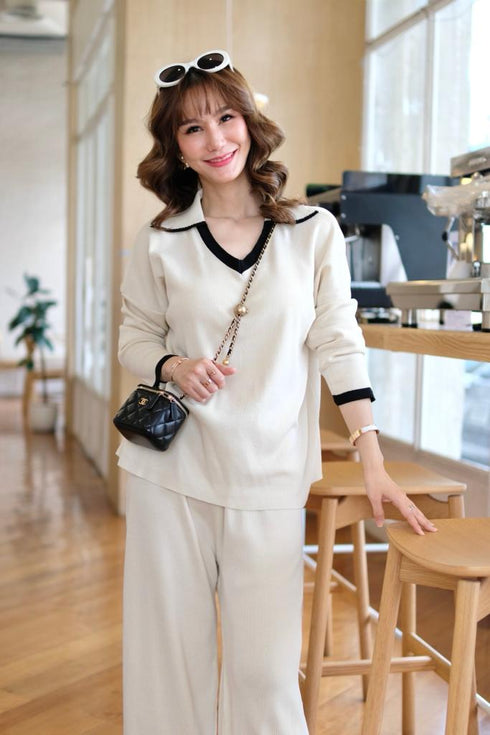 Casual Color Contrast Sweater V-neck Loose Top With Pants